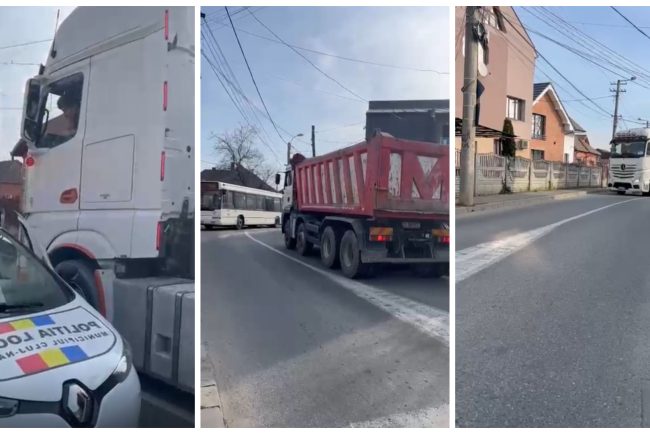 VIDEO Scandalul de pe Barc 1 continua Camioanele de mare tonaj ignora interdictiile si aglomereaza circulatia pe strazile inguste iar clujenii ies din nou in strada pentru a protesta