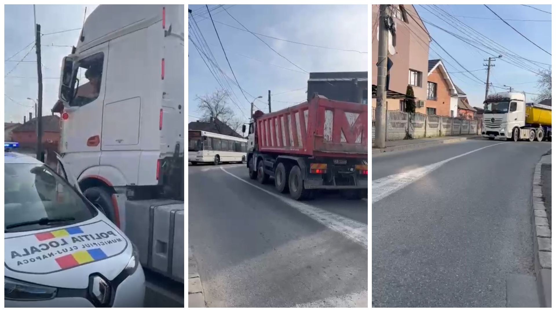 VIDEO Scandalul de pe Barc 1 continua Camioanele de mare tonaj ignora interdictiile si aglomereaza circulatia pe strazile inguste iar clujenii ies din nou in strada pentru a protesta