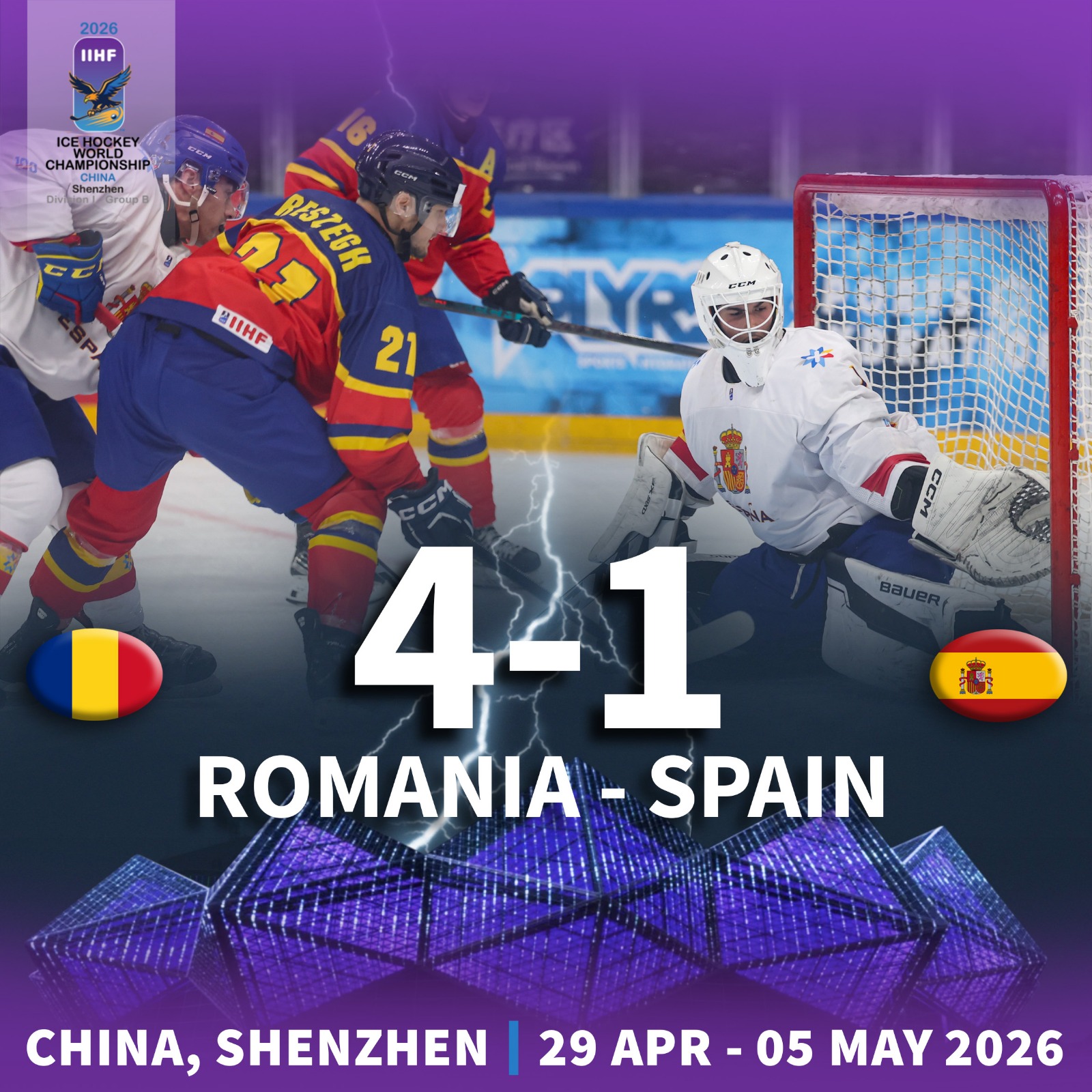 Romania invinge clar Spania la Campionatul Mondial de hochei pe gheata Divizia I B si isi mentine sansele de a reveni in liga secunda valorica