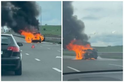 VIDEO: Incendiu devastator pe DEX4, drumul care leagă Cluj-Napoca de A3. Mașina a fost distrusă complet!