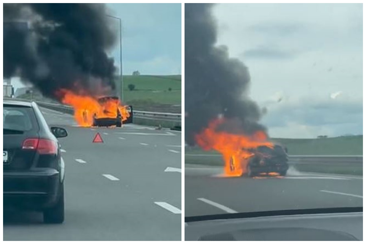 VIDEO incendiu devastator pe DEX4 drumul care leaga Cluj Napoca de A3 Masina a fost distrusa complet