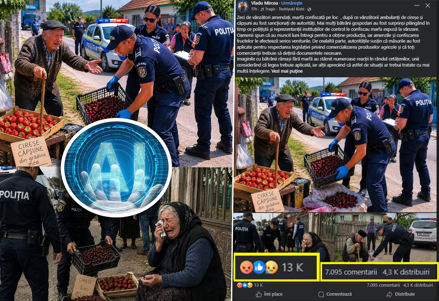 Imagini create de AI cu batrani plangand si politisti confiscandu le fructele raspandite pe Facebook Multi utilizatori le au considerat fotografii reale