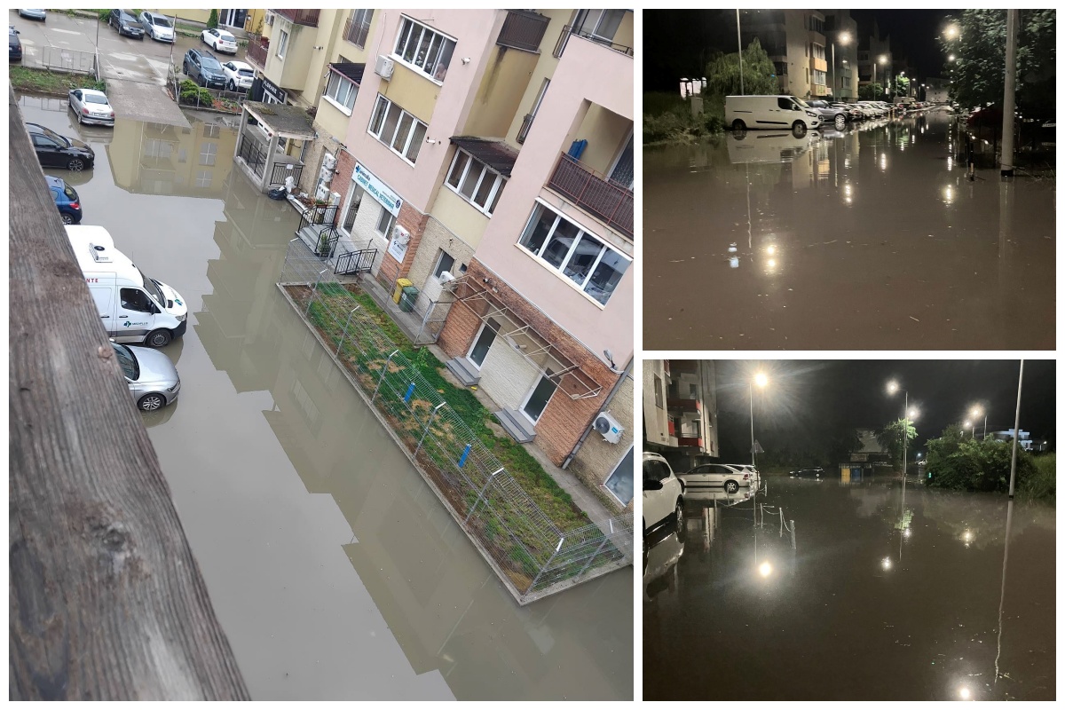 Ploaia torentiala de ieri a transformat parcarile unor blocuri din Floresti in lagoane FOTO