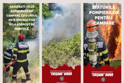 Sfaturi de la pompieri pentru un camping în siguranță: Evitați să campați în văi și sub copaci înalți, fiți atenți la avertizările meteorologice.