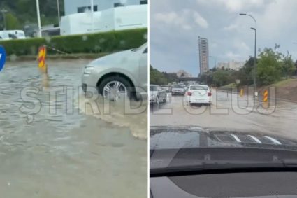 VIDEO. O ploaie de 10 minute a transformat intrarea în Cluj într-un „lac”. Șoferii au condus ca și cum ar fi pe apă.