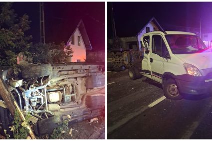 Accident în miez de noapte la Cluj! O mașină s-a răsturnat după ce a colidat cu o autoutilitară. Pompierii și echipajul SMURD au intervenit rapid.